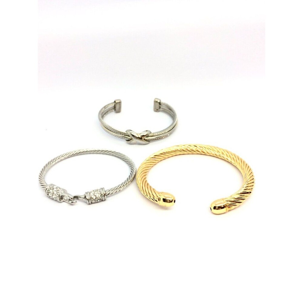 CABLE CUFF Bracelet Lot Gold Tone Silver Tone Rhinestone Knot Vintage Set 3